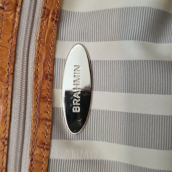 Brahmin Mini Asher Whiskey Stripe Raffia Tan and Cream Leather Tote Bag - Picture 11 of 14